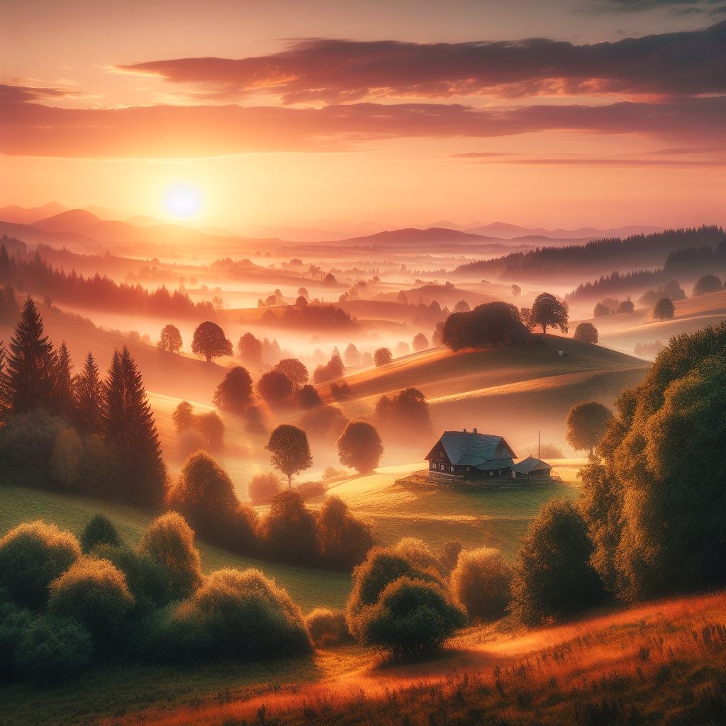 طلوع خورشید در خانه روستایی